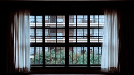 Fototapeta premium Photo Window View Building Trees Curtains Interior Design Home Decor Architecture