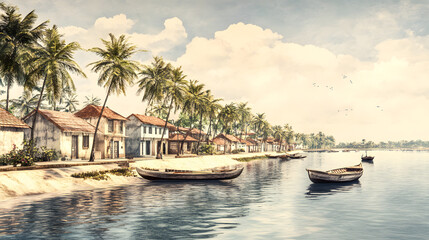 A peaceful coastal village with traditional boats and lush green surroundings.