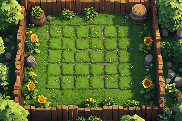 Isometric Battle Map Game Scene with Green Grid Field Surrounded by Wooden Fence Sunflowers and Trees