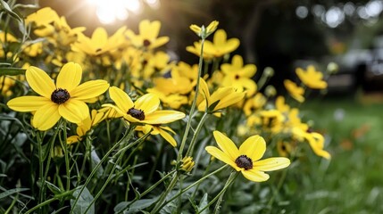 Fototapeta premium Sunlit Yellow Wildflowers Meadow Blooming Nature Spring Summer