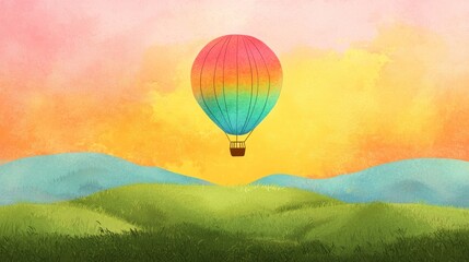 Obraz premium Rainbow hot air balloon soaring over vibrant green hills and sunset sky.