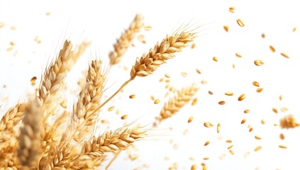 Golden wheat stalks and grains falling on white.