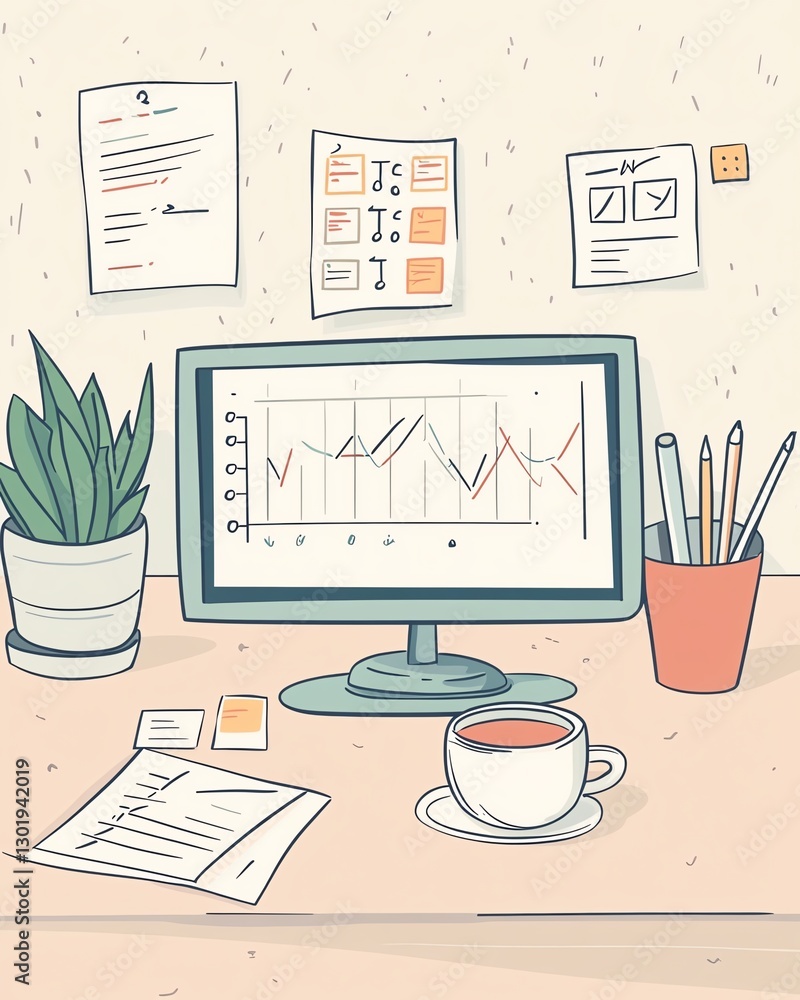 Poster work desk with monitor displaying graphs and a cup of coffee on a light background