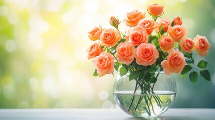 Fototapeta premium A Bouquet Of Peach Roses In A Clear Glass Vase