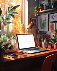 Cozy Workspace With a Laptop and Plants by a Sunlit Window During Autumn