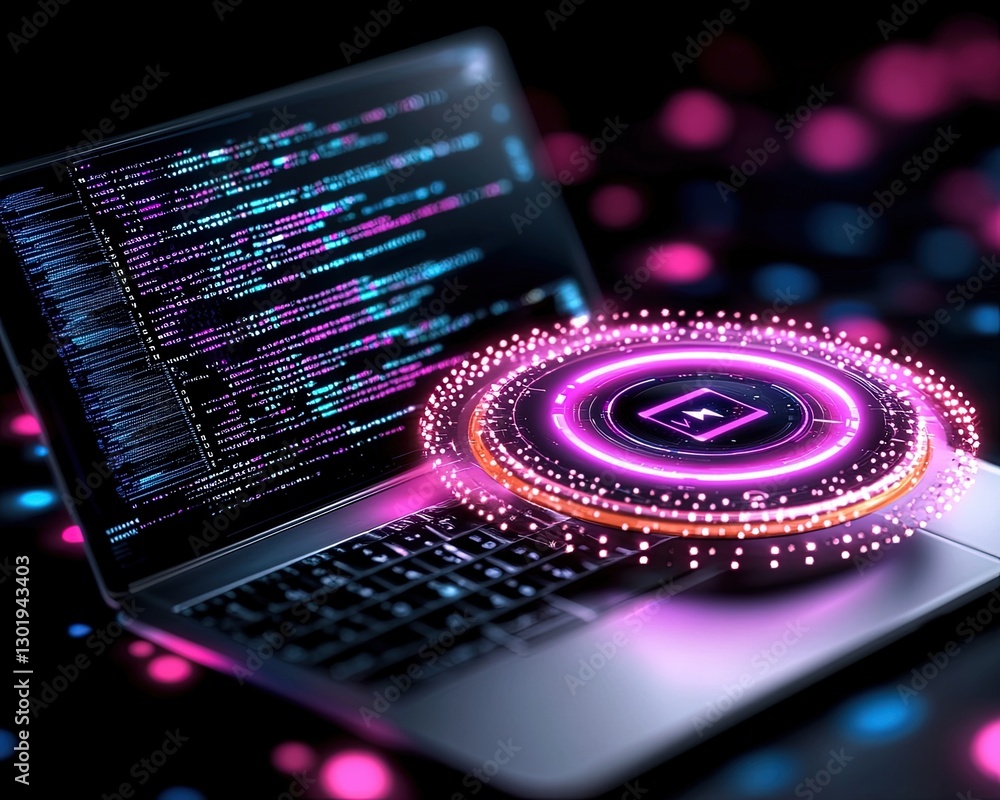 Poster futuristic laptop with digital elements and neon code displaying innovative technology concept