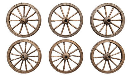 Fototapeta premium Collection of antique weathered wooden wagon wheels png