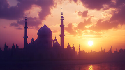 Obraz premium A beautiful sunset behind a mosque, with a peaceful and reflective atmosphere.