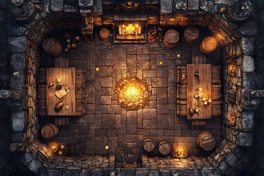 Overhead View of a Detailed Dungeon Battlemap with Two Tables and Glowing Center Lighting