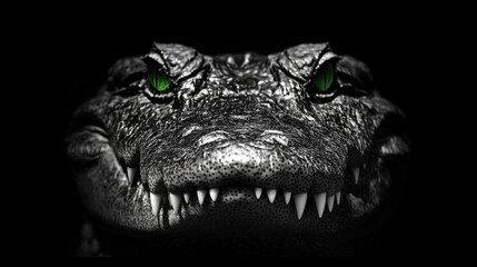Naklejka premium A mesmerizing black-and-white close-up reveals a crocodile’s mouth agape, showcasing razor-sharp teeth. Intricate dotted patterns texture the interior, adding depth and mystery to its fierce visage