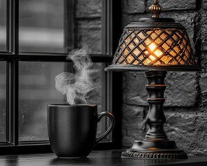 Warm Coffee Cup and Vintage Lamp by Window with Steam in a Cozy Atmosphere