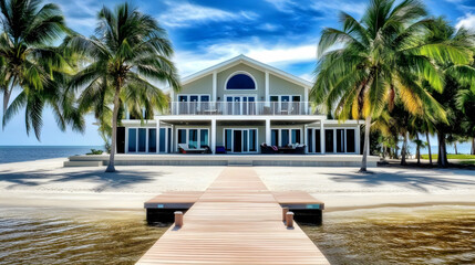 Fototapeta premium Photo Tropical Beach House, Oceanfront, Palm Trees, Dock, Luxury