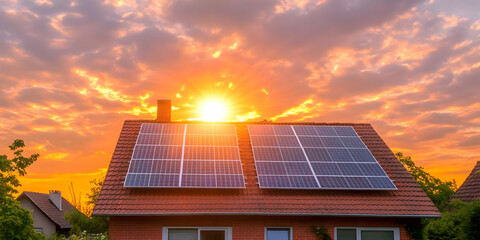 Fototapeta premium Photo of Solar Panels on Roof at Sunset Renewable Energy