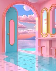 Serene Interior with Pastel Colors and Doorway Overlooking Dreamy Seascape at Sunset