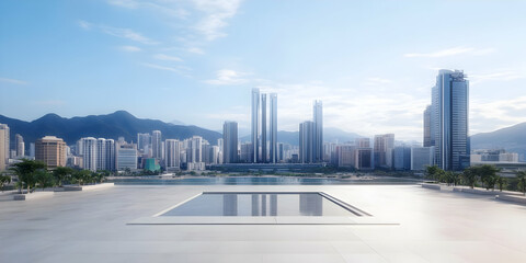 Illustration of Modern Cityscape with Skyscrapers, Mountains, and Plaza