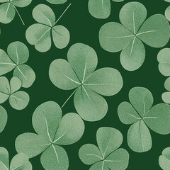 Seamless clover four leaves, green shamrocks line art wallpaper pattern on light colored background. Shamrock leaves in soft green hues for fabric, gift wrapping, wallcovering, banner, invitation card
