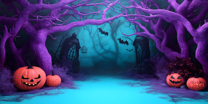 3D Illustration Halloween Background Spooky Forest Pumpkins Bats