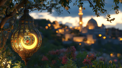 A glowing lantern hanging over a cityscape filled with twinkling lights at dusk.
