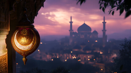A stunning cityscape with a crescent moon and glowing buildings, evoking a serene atmosphere.