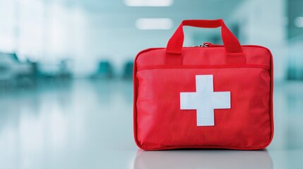 Red first aid kit with white cross symbol on a blurred background in a medical setting interior environment