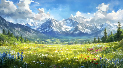 A vivid, sunny mountain landscape with colorful wildflowers in the foreground.