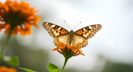 Butterfly Resting on Orange Flower in a Sunny Garden Setting