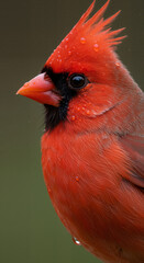 Red cardinal bird with droplets on feathers