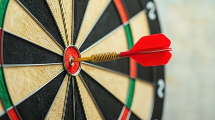 Close-up of red dart arrow hitting bullseye on dartboard in soft focus with blurred background for target success
