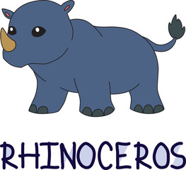 cute one-horned rhinoceros with colorful text below hand written