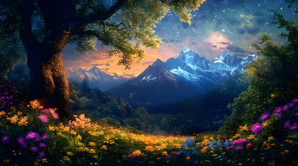 A dreamy forest scene illuminated by soft, glowing lights, creating an ethereal atmosphere.