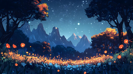 A magical night scene with glowing lights in a tranquil mountain valley.