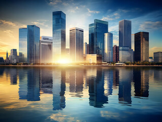 Fototapeta premium Photo - Cityscape Sunset Reflection Architecture Urban Skyline Downtown Buildings Modern Business District Water River Lake Dusk Evening Twilight Skyscrapers Commercial Towers Office Towers