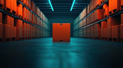 Fototapeta premium Modern Warehouse Interior with Bright Orange Storage Containers and Blue Neon Lighting Effects