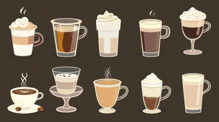 Diverse Set of Coffee - Centric Icons: Teas, Drinks, Cocoa, Cups, and Cafe Scenes