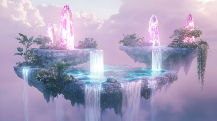 A glowing cosmic oasis with luminous waterfalls and plants.