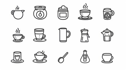 Diverse Set of Coffee - Centric Icons: Teas, Drinks, Cocoa, Cups, and Cafe Scenes