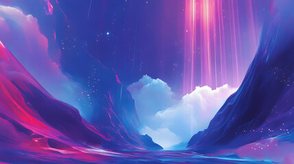 Vibrant glowing waterfall surrounded by a mystical landscape.