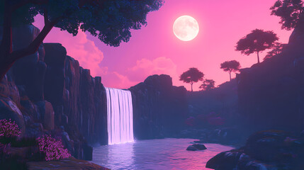Waterfall glowing under a twilight sky with glowing plants.