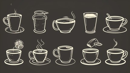 Diverse Set of Coffee - Centric Icons: Teas, Drinks, Cocoa, Cups, and Cafe Scenes