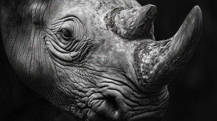 Obraz premium A mesmerizing close-up of a rhinoceros's head and upper body, captured in striking black and white. Its gaze subtly shifts to the left, evoking a sense of gentle intrigue