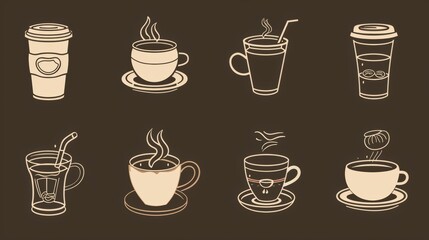 Fototapeta premium Diverse Set of Coffee - Centric Icons: Teas, Drinks, Cocoa, Cups, and Cafe Scenes