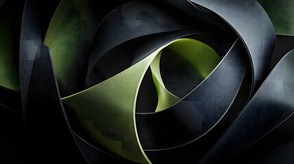 Dynamic abstract design with a green color palette and intertwined geometric shapes.