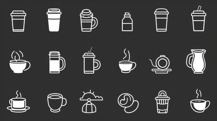 Diverse Set of Coffee - Centric Icons: Teas, Drinks, Cocoa, Cups, and Cafe Scenes
