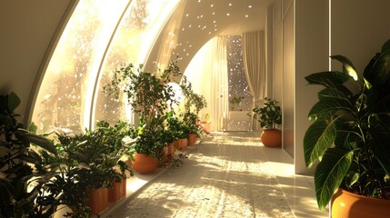 Sunlit hallway with potted plants and arched windows.
