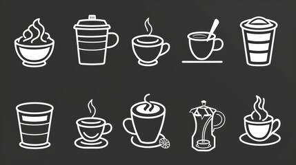 Diverse Set of Coffee - Centric Icons: Teas, Drinks, Cocoa, Cups, and Cafe Scenes