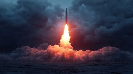 Impressive Rocket Launch Against Dramatic Clouds with Fiery Trails Illuminating the Dark Sky