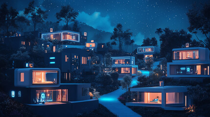 Fototapeta premium Modern homes illuminated at night in a serene mountain environment under starry sky.