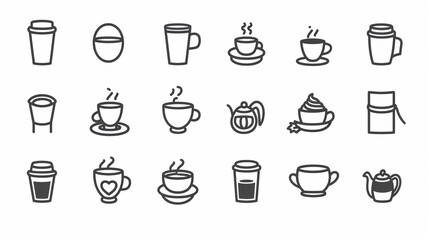 Obraz premium Diverse Set of Coffee - Centric Icons: Teas, Drinks, Cocoa, Cups, and Cafe Scenes