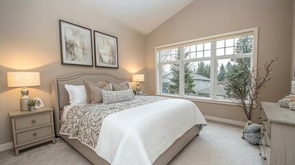Elegant master bedroom with large window, neutral tones, and comfortable bedding.