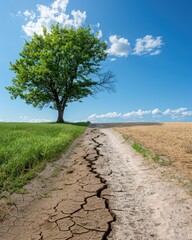 Fototapeta premium Cracked Earth Path Leading to Lush Green Grass and a Solitary Tree Under a Blue Sky
